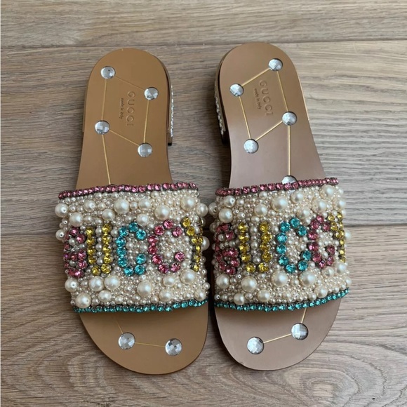 GUCCI LIMITED EDITION GUCCY LUPE PEARL CRYSTAL EMBELLISHED SLIDE SANDAL SIZE 38 - Picture 8 of 11